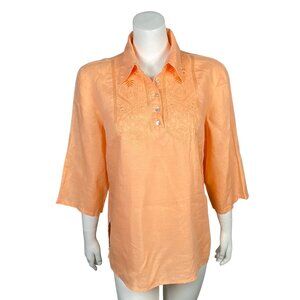 Edward 100% Irish Linen Embroidered Tunic Top Womens L Popover 3/4 Sleeves